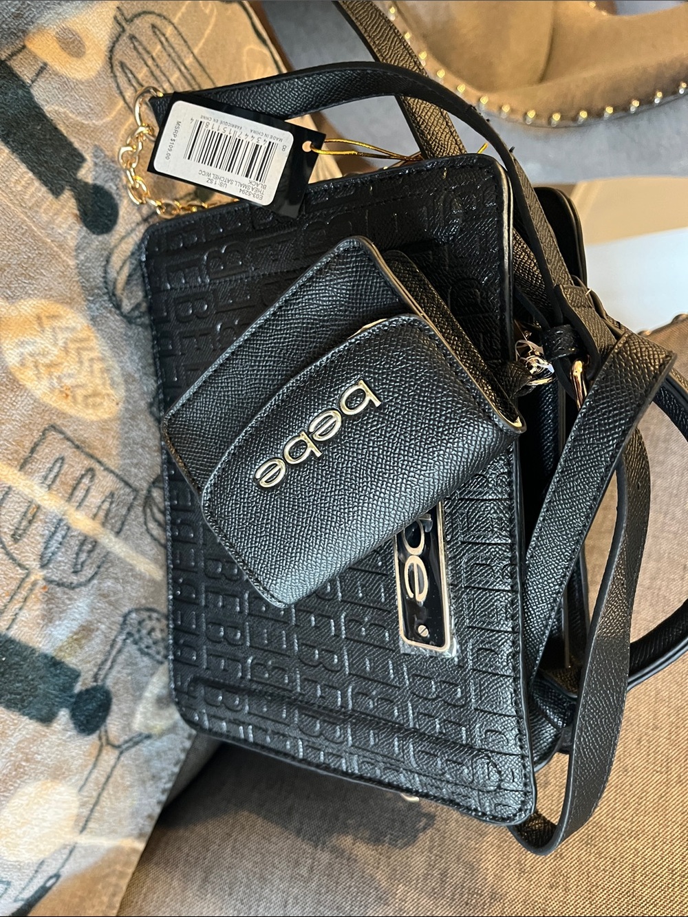 bebe Black Textured Crossbody with Coin Pouch and Logo Plate